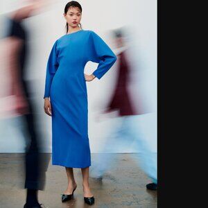 zara women bright blue crepe midi dress size m NWOT